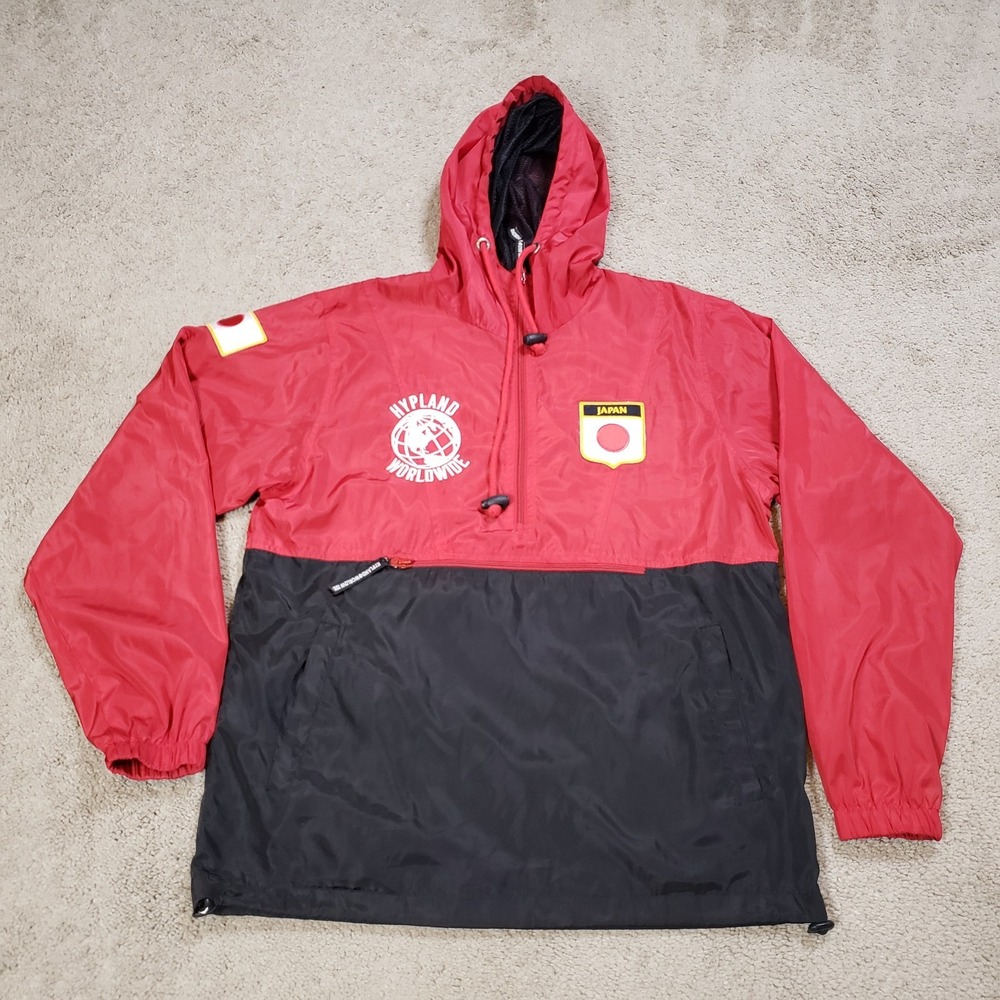 Hypland Japan Jacket Mens Small Logo Windbreaker 1/2 Zip Hooded Red Black